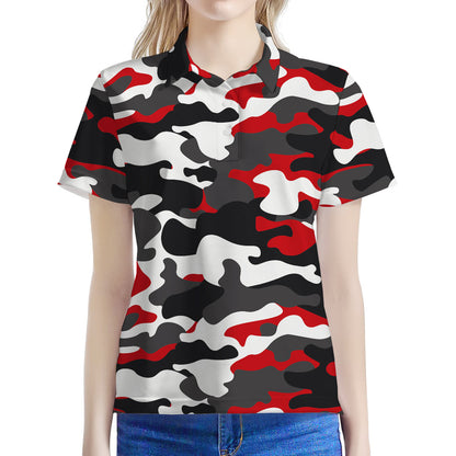 Red Snow Camouflage Print Women's Polo Shirt