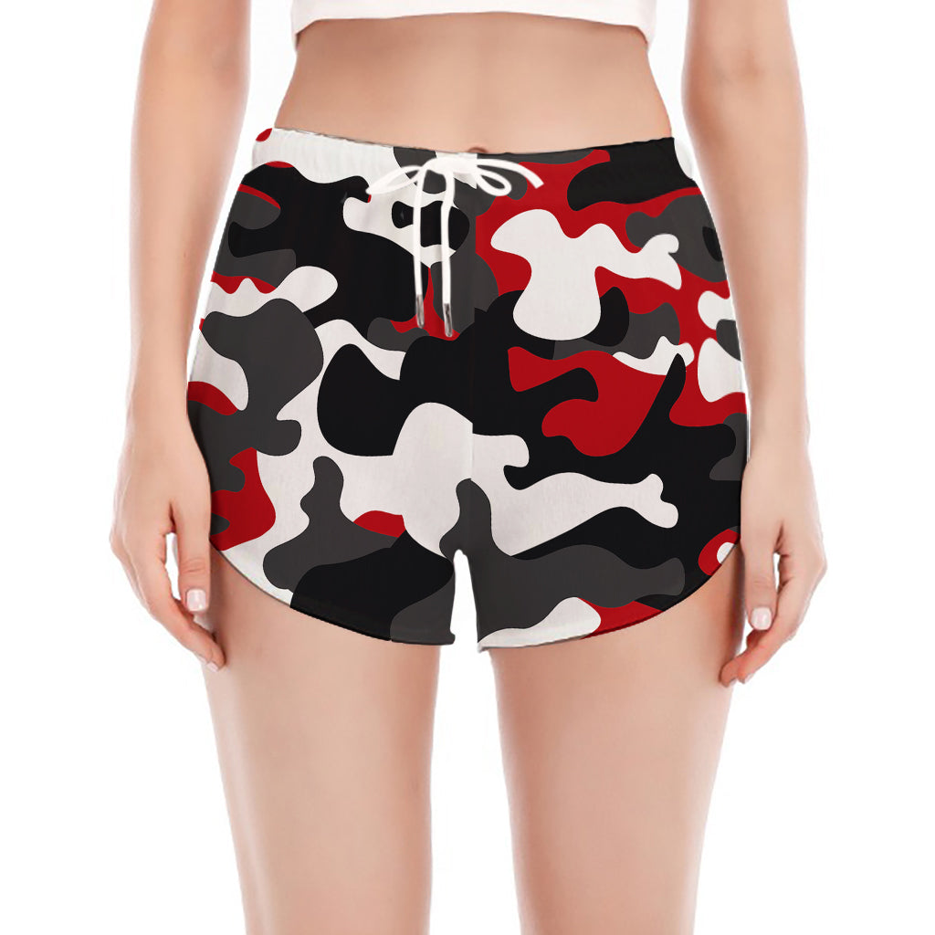 Red Snow Camouflage Print Women's Split Running Shorts