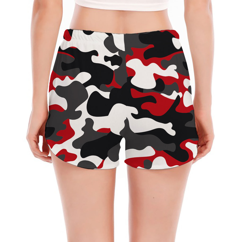 Red Snow Camouflage Print Women's Split Running Shorts