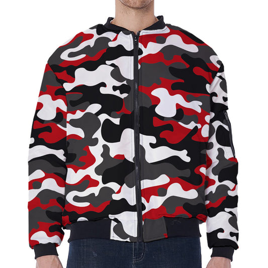 Red Snow Camouflage Print Zip Sleeve Bomber Jacket