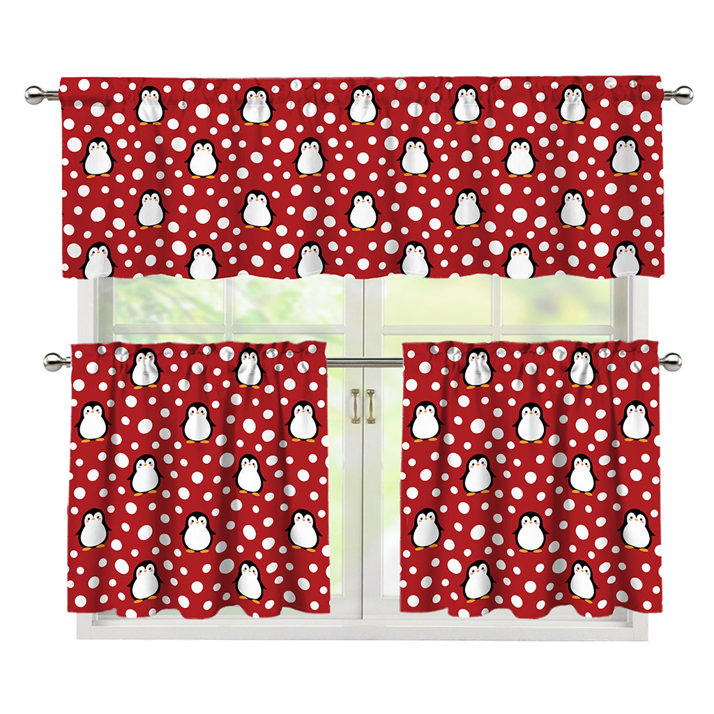 Red Snow Penguin Pattern Print 3 Piece Kitchen Curtains