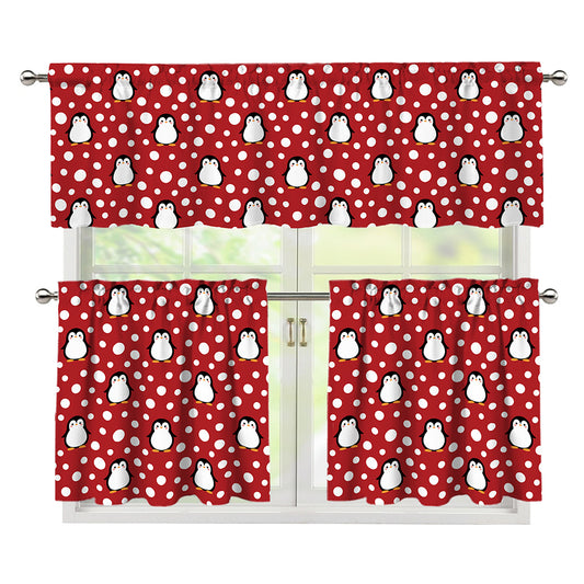 Red Snow Penguin Pattern Print 3 Piece Kitchen Curtains