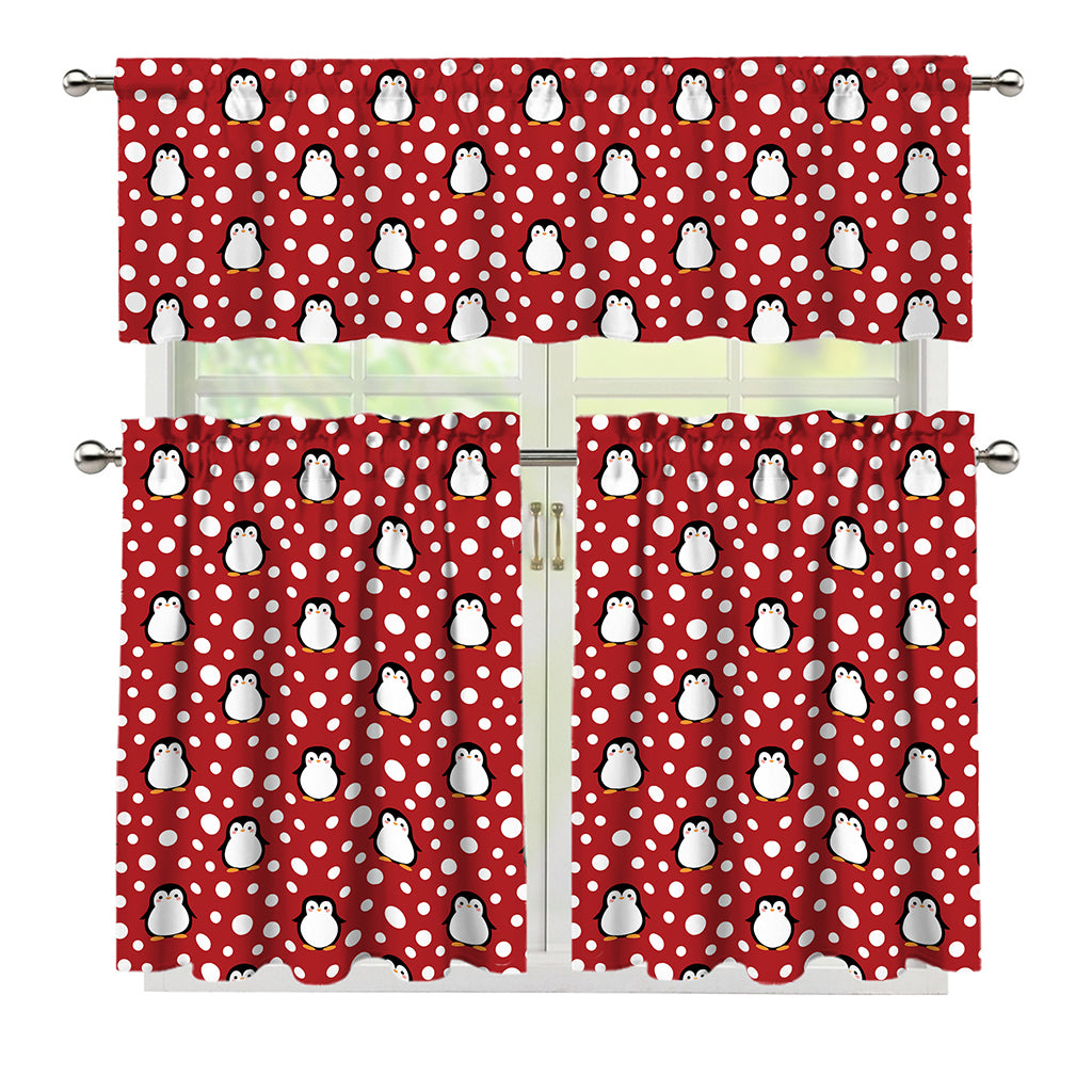 Red Snow Penguin Pattern Print 3 Piece Kitchen Curtains