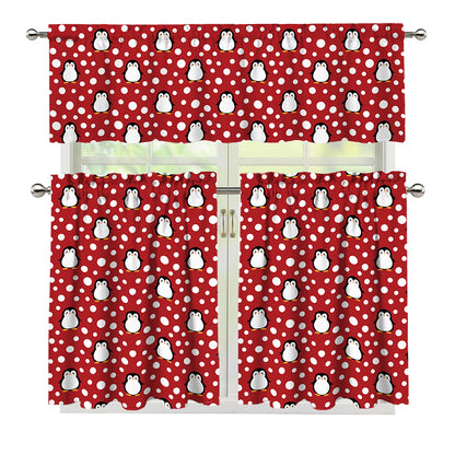 Red Snow Penguin Pattern Print 3 Piece Kitchen Curtains