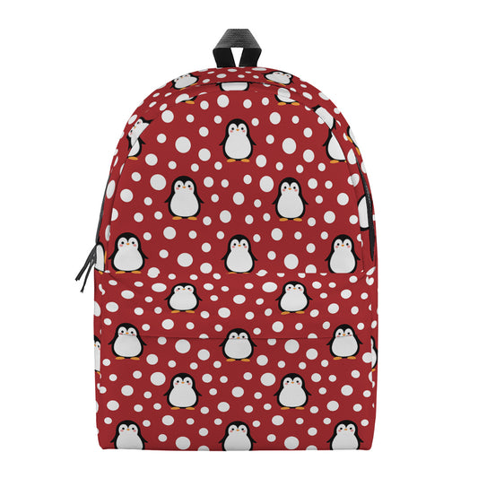 Red Snow Penguin Pattern Print Backpack