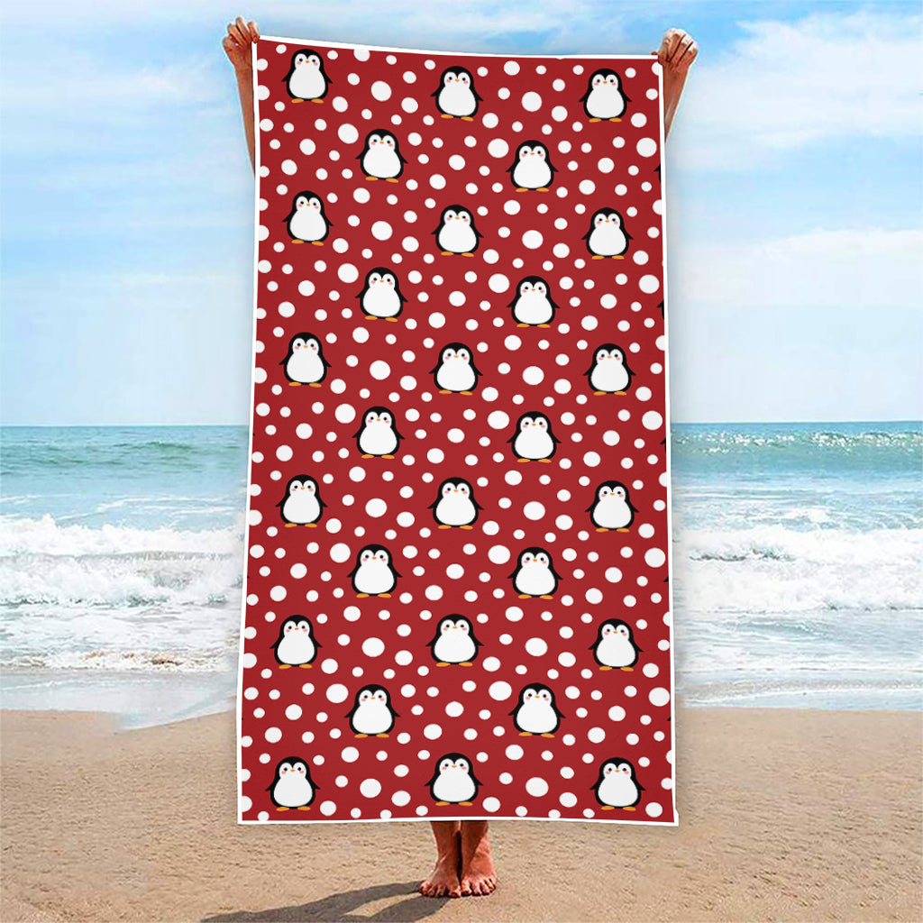 Red Snow Penguin Pattern Print Beach Towel