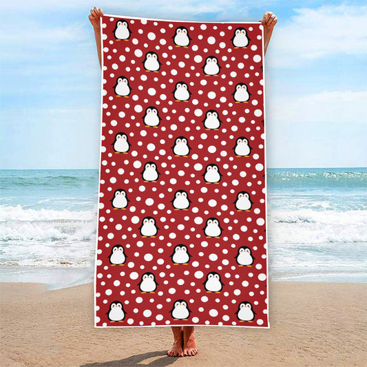 Red Snow Penguin Pattern Print Beach Towel
