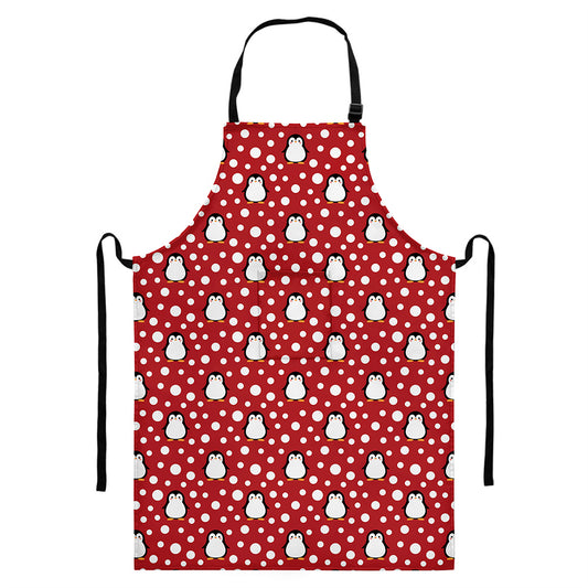 Red Snow Penguin Pattern Print Bib Apron With Pocket