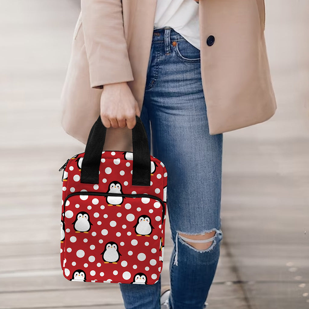 Red Snow Penguin Pattern Print Bible Tote Bag