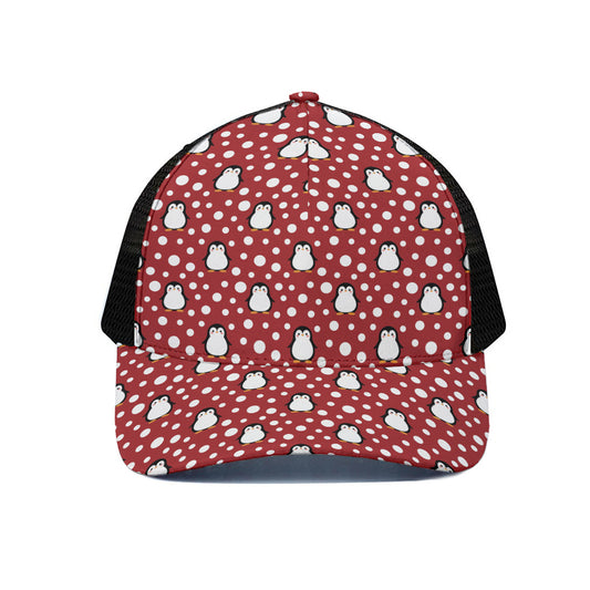 Red Snow Penguin Pattern Print Black Mesh Trucker Cap