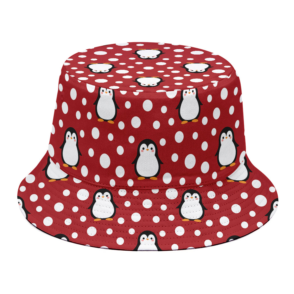Red Snow Penguin Pattern Print Bucket Hat
