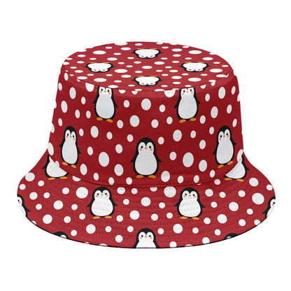 Red Snow Penguin Pattern Print Bucket Hat