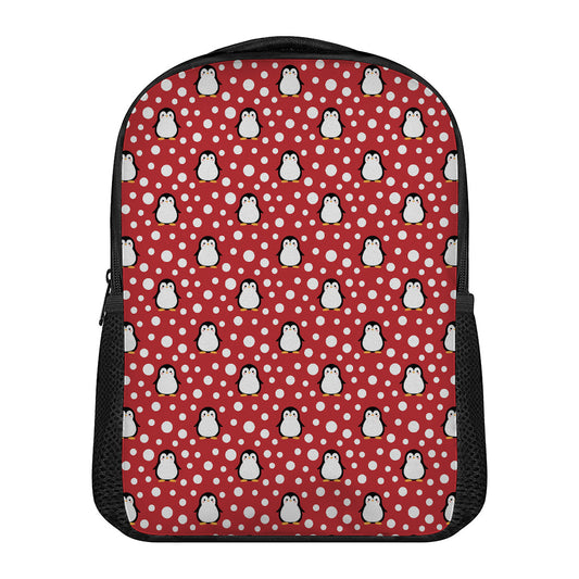 Red Snow Penguin Pattern Print Casual Backpack