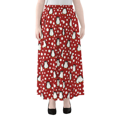 Red Snow Penguin Pattern Print Chiffon Maxi Skirt