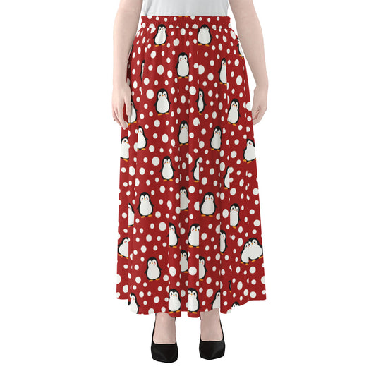 Red Snow Penguin Pattern Print Chiffon Maxi Skirt