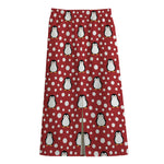 Red Snow Penguin Pattern Print Cotton Front Slit Maxi Skirt