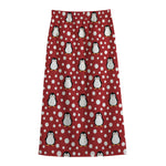 Red Snow Penguin Pattern Print Cotton Front Slit Maxi Skirt