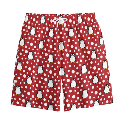 Red Snow Penguin Pattern Print Cotton Shorts