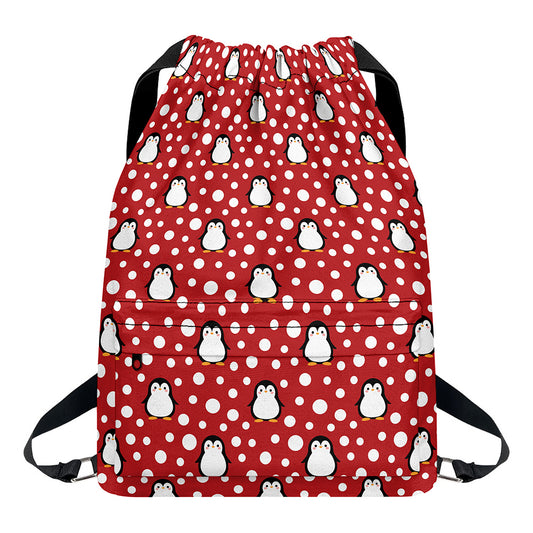 Red Snow Penguin Pattern Print Drawstring Backpack
