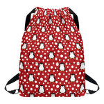 Red Snow Penguin Pattern Print Drawstring Backpack
