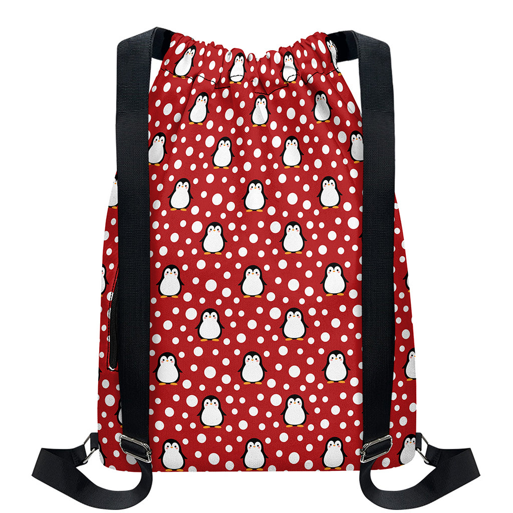Red Snow Penguin Pattern Print Drawstring Backpack