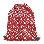 Red Snow Penguin Pattern Print Drawstring Bag