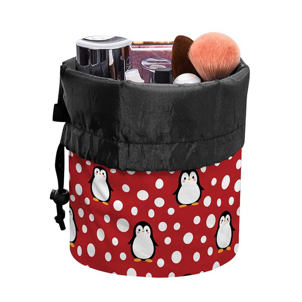 Red Snow Penguin Pattern Print Drawstring Makeup Bag
