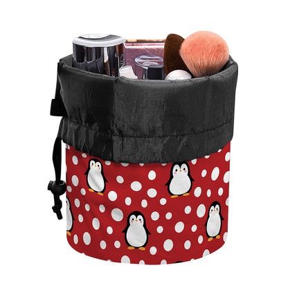 Red Snow Penguin Pattern Print Drawstring Makeup Bag