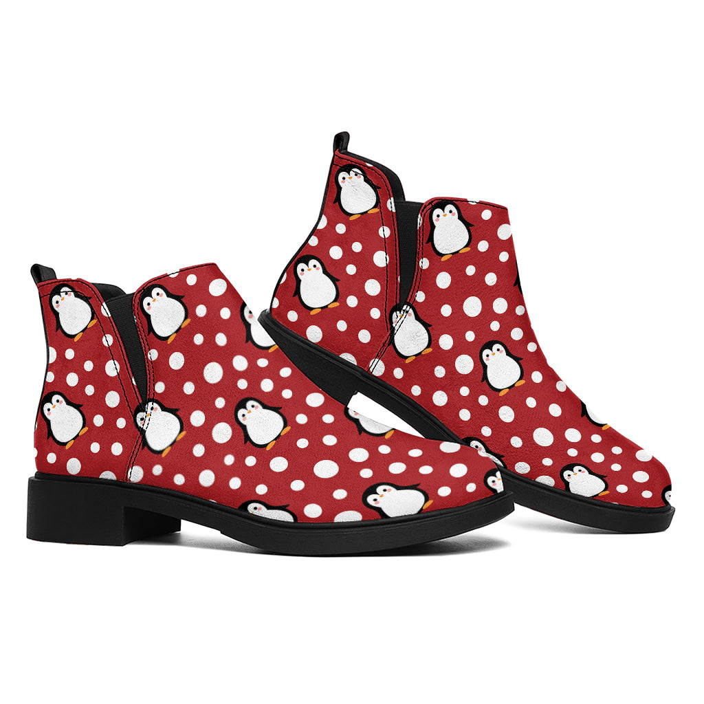 Red Snow Penguin Pattern Print Flat Ankle Boots