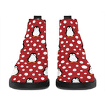 Red Snow Penguin Pattern Print Flat Ankle Boots