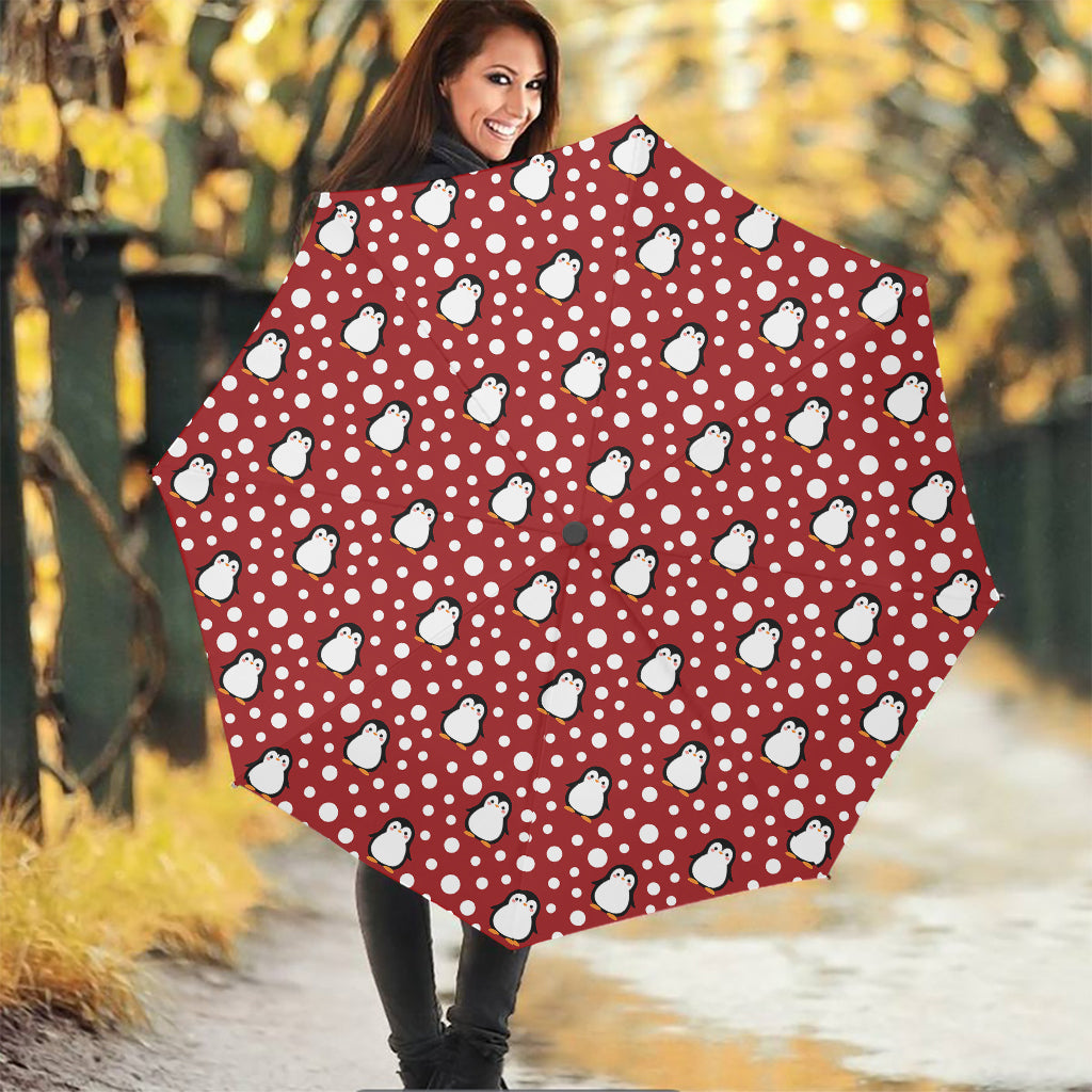 Red Snow Penguin Pattern Print Foldable Umbrella