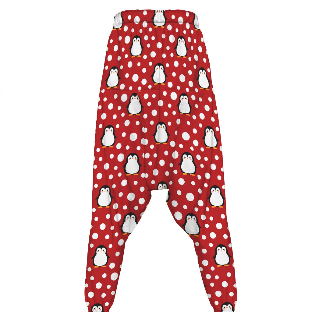 Red Snow Penguin Pattern Print Hammer Pants