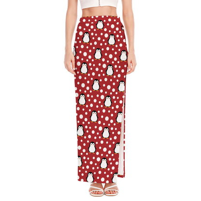 Red Snow Penguin Pattern Print High Slit Maxi Skirt