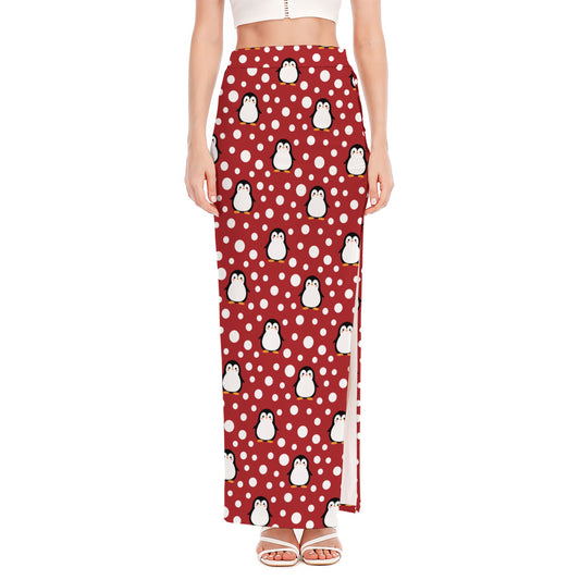 Red Snow Penguin Pattern Print High Slit Maxi Skirt