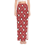 Red Snow Penguin Pattern Print High Slit Maxi Skirt
