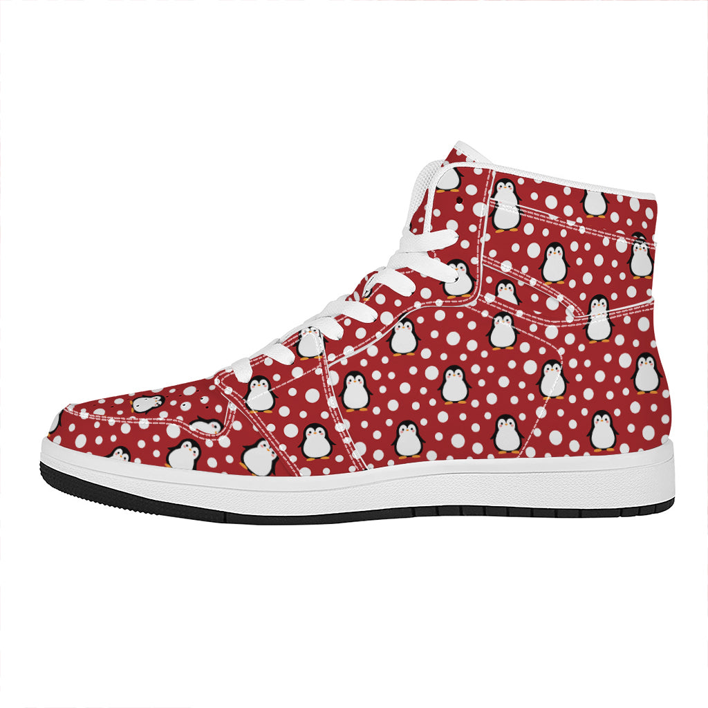 Red Snow Penguin Pattern Print High Top Leather Sneakers