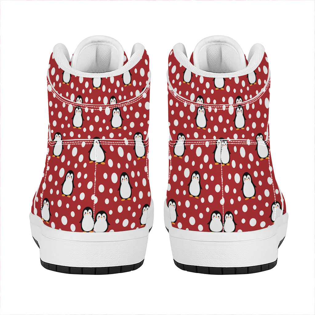 Red Snow Penguin Pattern Print High Top Leather Sneakers