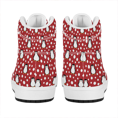 Red Snow Penguin Pattern Print High Top Leather Sneakers