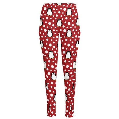 Red Snow Penguin Pattern Print High-Waisted Pocket Leggings