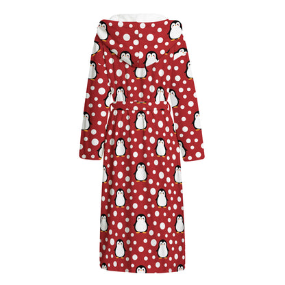 Red Snow Penguin Pattern Print Hooded Bathrobe
