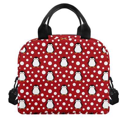 Red Snow Penguin Pattern Print Insulated Lunch Bag