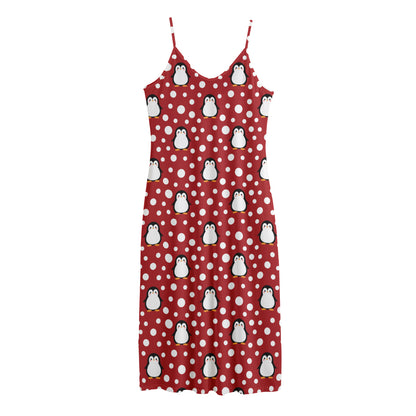 Red Snow Penguin Pattern Print Jersey Midi Cami Dress