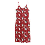 Red Snow Penguin Pattern Print Jersey Midi Cami Dress