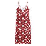 Red Snow Penguin Pattern Print Jersey Midi Cami Dress