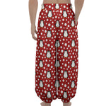 Red Snow Penguin Pattern Print Lantern Pants