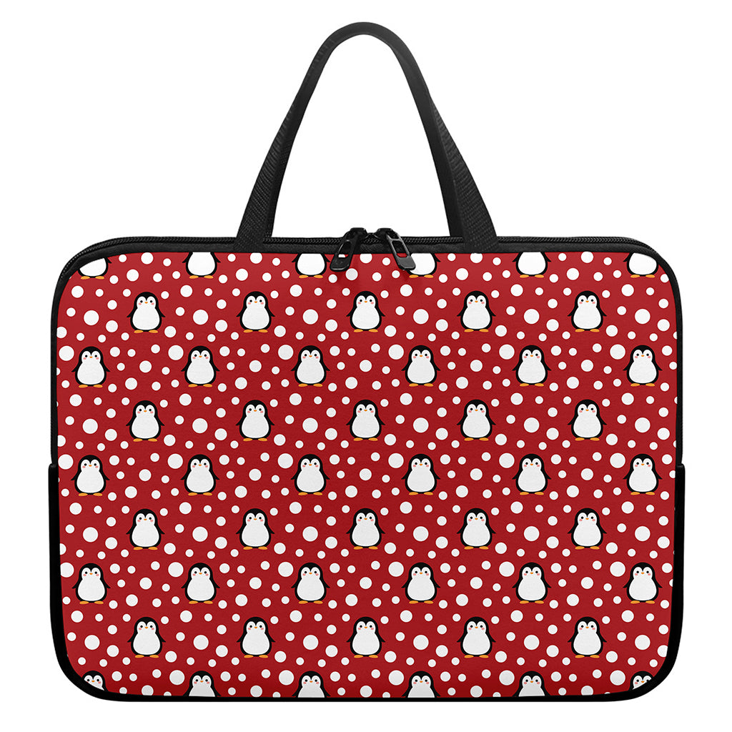 Red Snow Penguin Pattern Print Laptop Sleeve With Handle