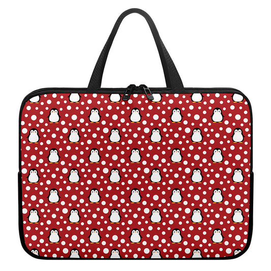 Red Snow Penguin Pattern Print Laptop Sleeve With Handle