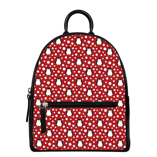 Red Snow Penguin Pattern Print Leather Backpack