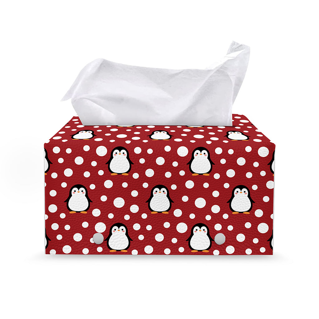 Red Snow Penguin Pattern Print Leather Tissue Box Cover