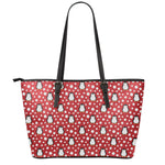Red Snow Penguin Pattern Print Leather Tote Bag